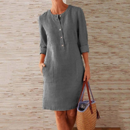 Women's Shirt Dress - Airy Linen Blend - Straight Fit - Buttons and Front Pockets