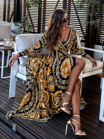 Dress for Women – Maxi Dress – Wrap Design – Bohemian Pattern – Long Sleeves – V-Neck