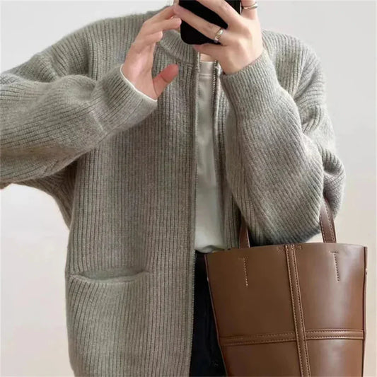 Women's Knitted Jacket - Ribbed Knit - Zipper and Pockets - Relaxed Fit