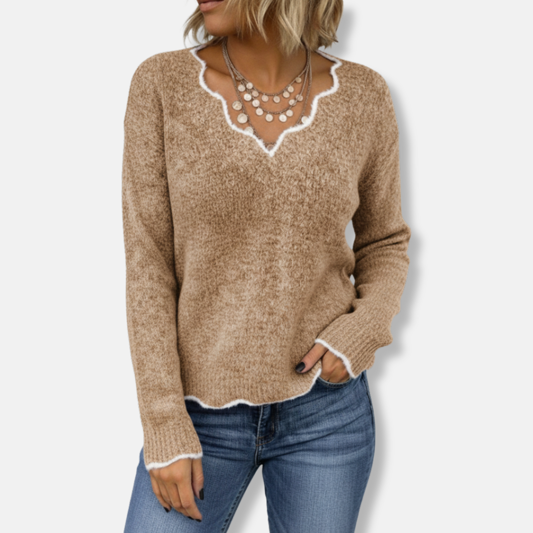 Women's Sweater – Wool Knit – Relaxed Fit – Wavy Neckline – Soft Everyday Style