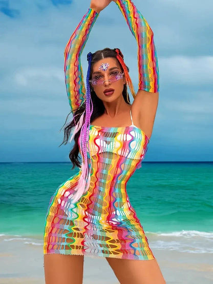 Women's Beach Dress - Mesh Transparent - Bodycon Fit - Mini Length - Long Sleeves