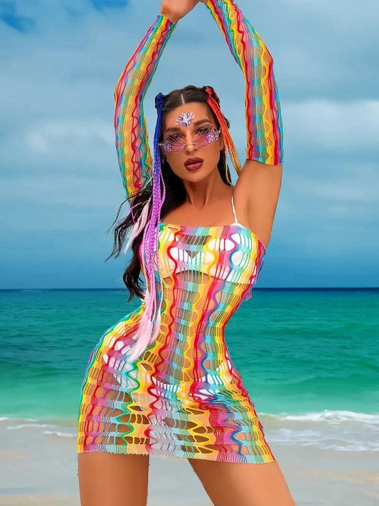 Women's Beach Dress - Mesh Transparent - Bodycon Fit - Mini Length - Long Sleeves