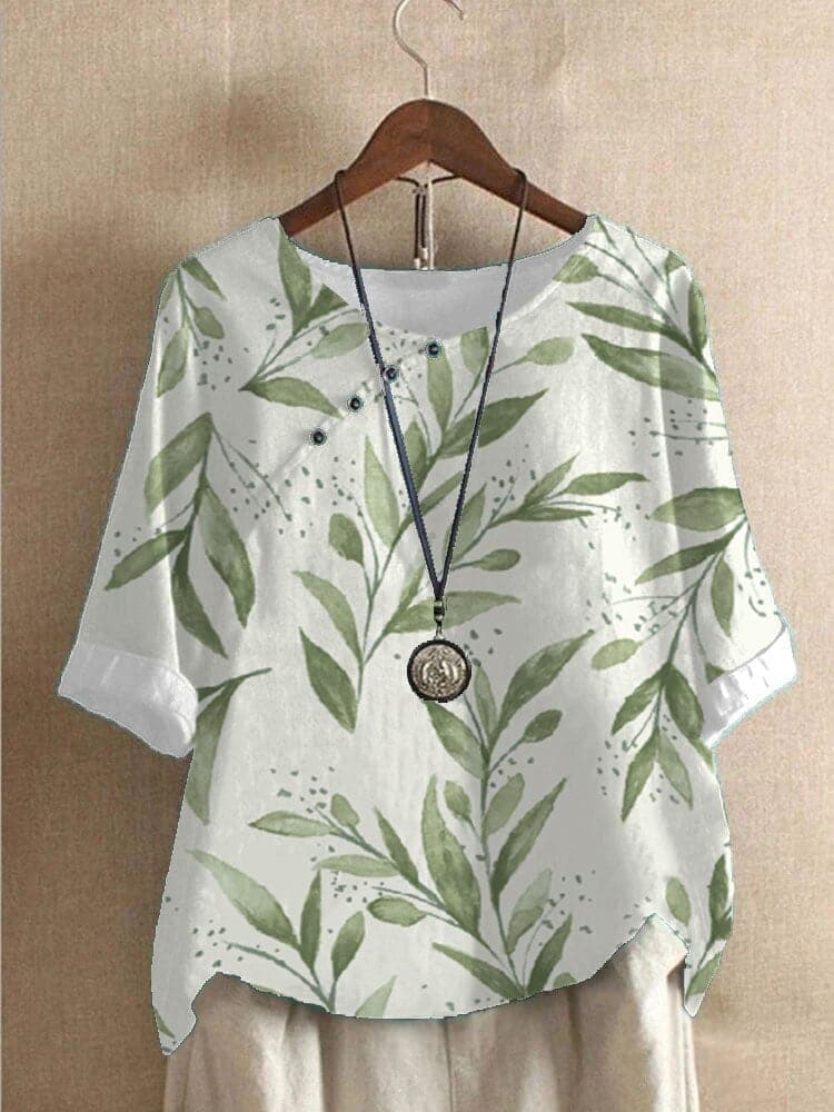 Damebluse – Blomstermønstret – Rund Hals – Halvlange Ermer – Løs Passform – Dekorative Knapper
