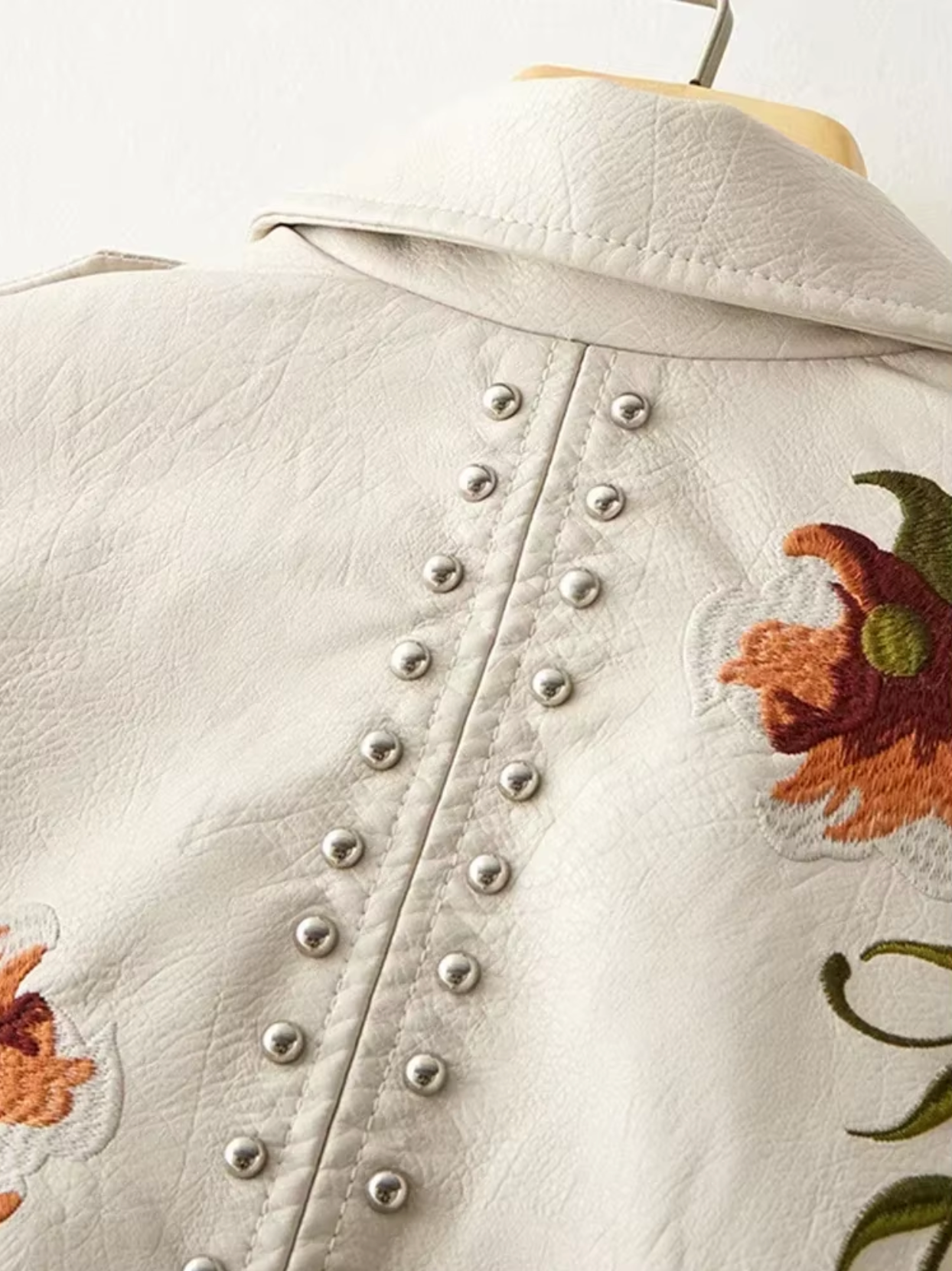 Women's Leather Jacket – Tailored Fit – Embroidered Flowers – Studded Biker Style