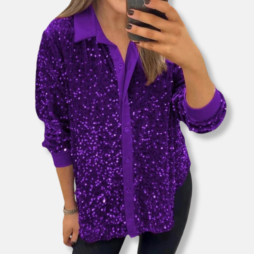 Women's Shirt – Sequins – Relaxed Fit – Classic Collar – Party Outfit