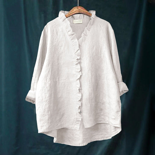 Women's Blouse – Oversized Fit – Natural Fibers – Ruffle Details – Long Sleeves