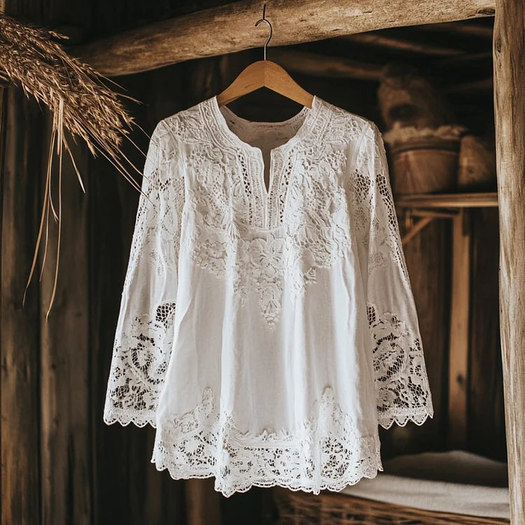 Women's Shirt – V-neck – Long Sleeve – Relaxed Fit – Breathable Lace Embroidery