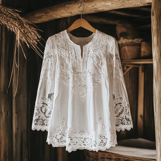 Women's Shirt – V-neck – Long Sleeve – Relaxed Fit – Breathable Lace Embroidery
