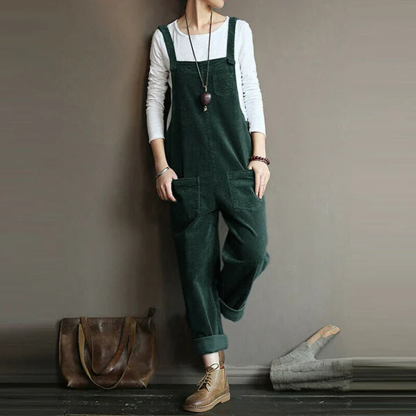 Women's Overall Pants – Relaxed Fit – Textured Ribbed Fabric – Adjustable Straps – Full Length