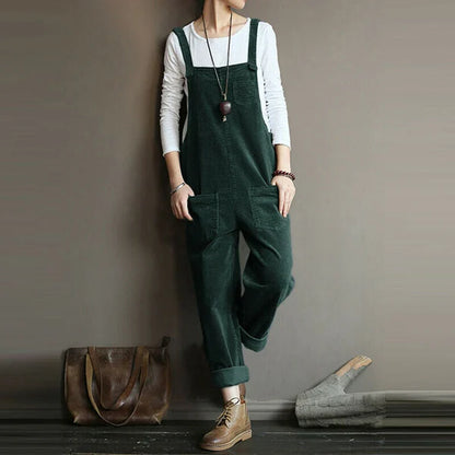 Women's Overall Pants – Relaxed Fit – Textured Ribbed Fabric – Adjustable Straps – Full Length