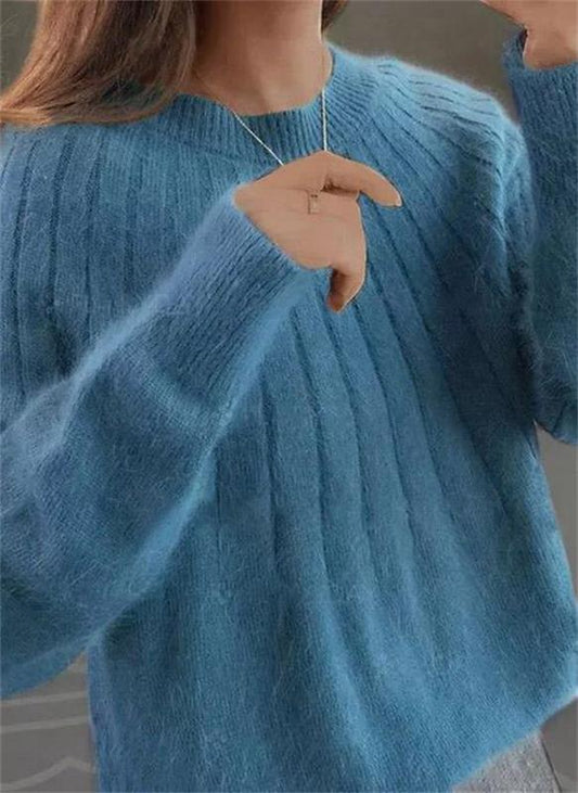 Women's Knitted Sweater - Soft Mohair Blend - Ribbed Pattern - Relaxed Fit - Long Sleeves