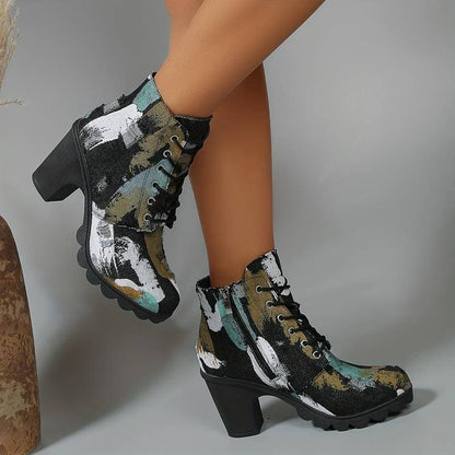 Women's Ankle Boots - Patterned Textile - Lacing - Block Heel - Chunky Sole