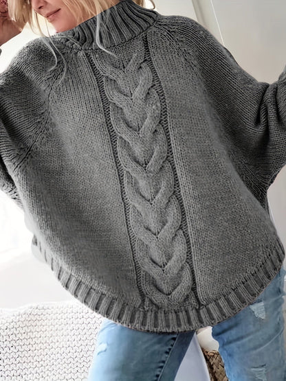 Women's Knitted Sweater - Cable Knit Poncho Design - High Neck - Oversized Fit