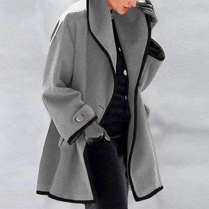 Dame Ullkåpe - Løs Passform - Åpen Front - Elegant Sjal Krage - Midtlår Lengde