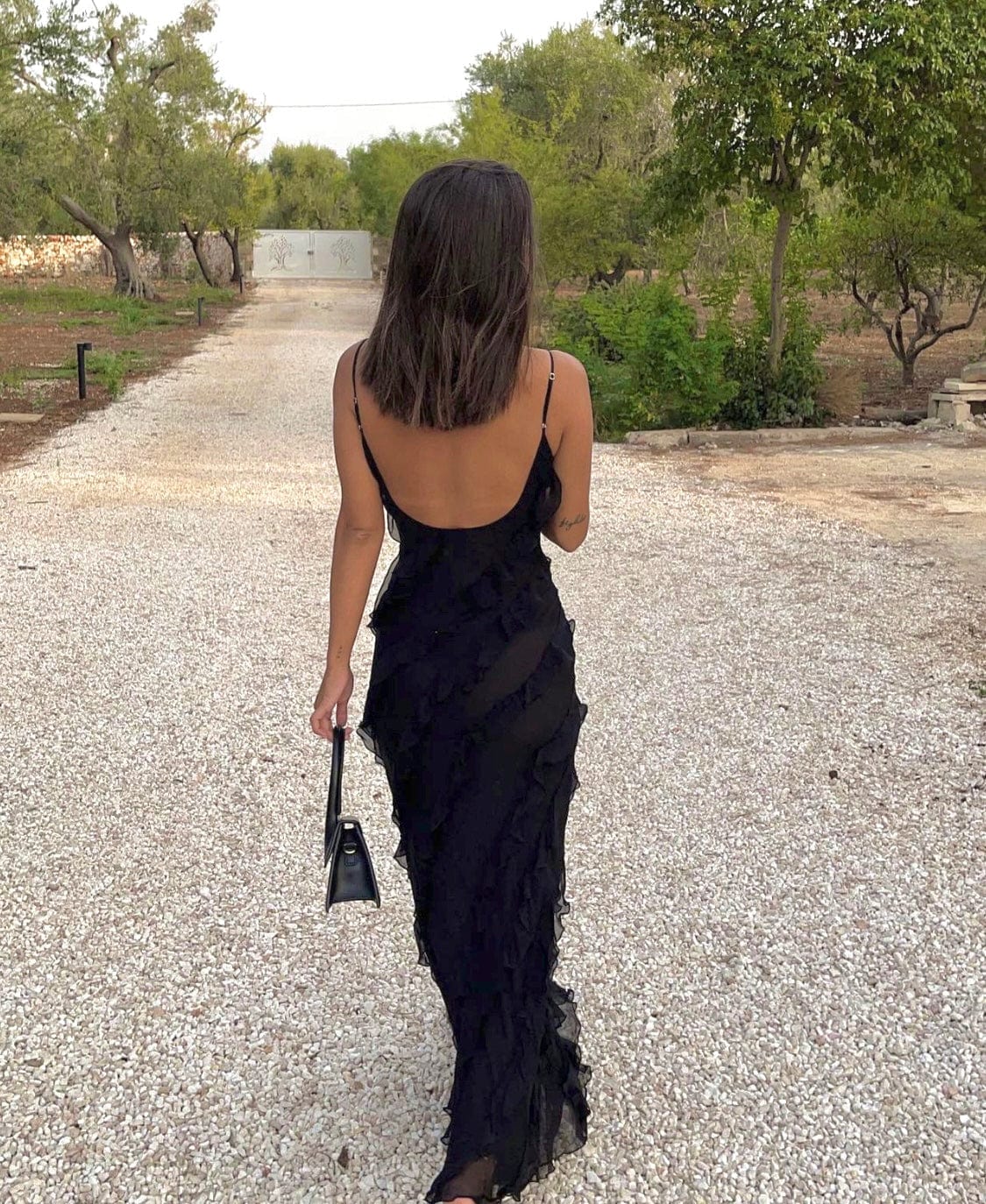 Dress woman – Maxi dress – Slim fit – Spaghetti straps – Ruffle details – Chiffon look