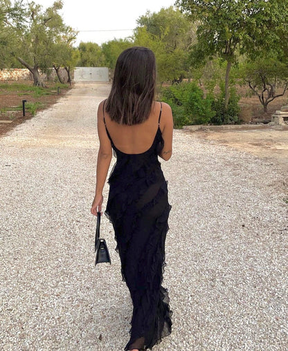 Dress woman – Maxi dress – Slim fit – Spaghetti straps – Ruffle details – Chiffon look