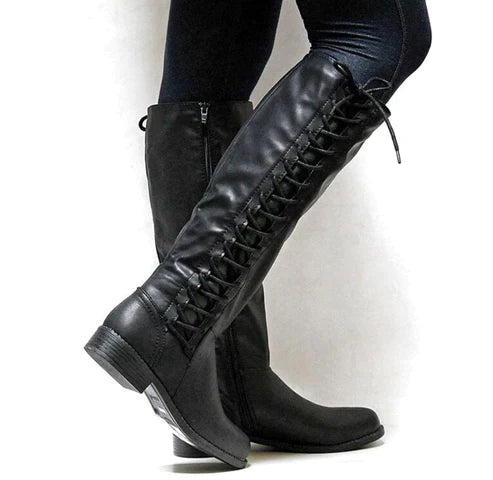 Women's Knee-High Boots – Lacing – Zipper – Flat Sole – Slim Fit