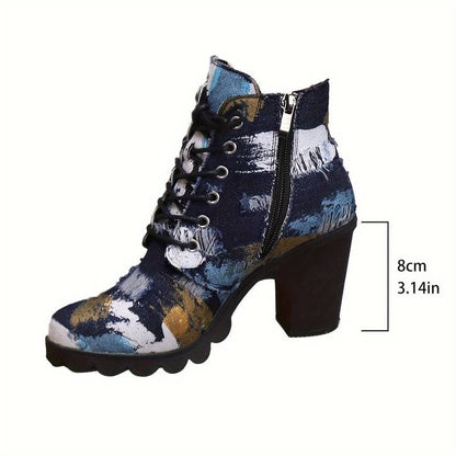 Women's Ankle Boots - Patterned Textile - Lacing - Block Heel - Chunky Sole