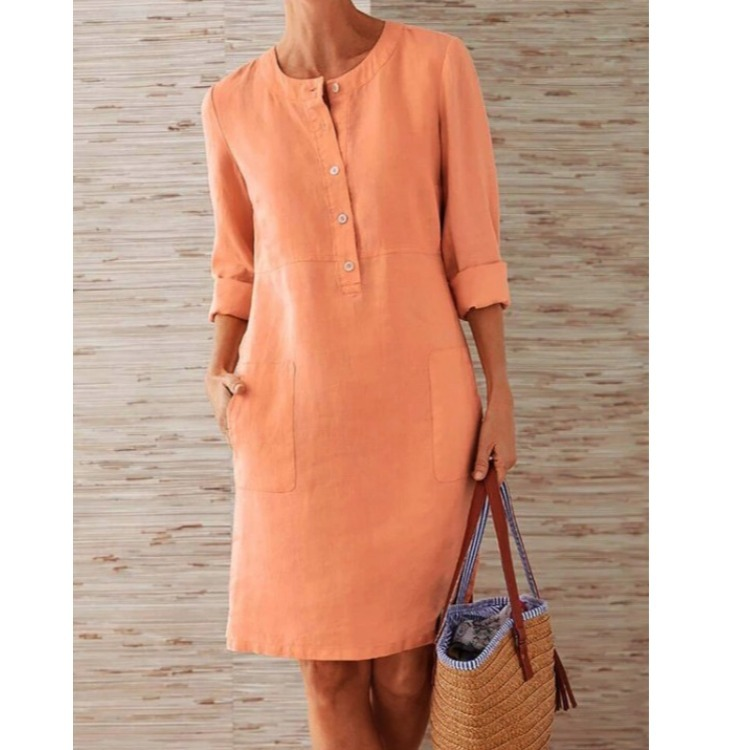 Women's Shirt Dress - Airy Linen Blend - Straight Fit - Buttons and Front Pockets