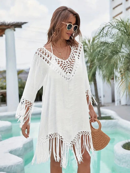 Women's Beach Tunic – Loose Fit – Crochet Detail – Fringes – Light and Airy