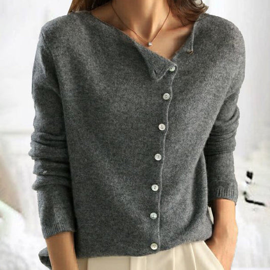 Women's Cardigan - Asymmetric Button Placket - Soft Knit - Relaxed Fit - Long Sleeves