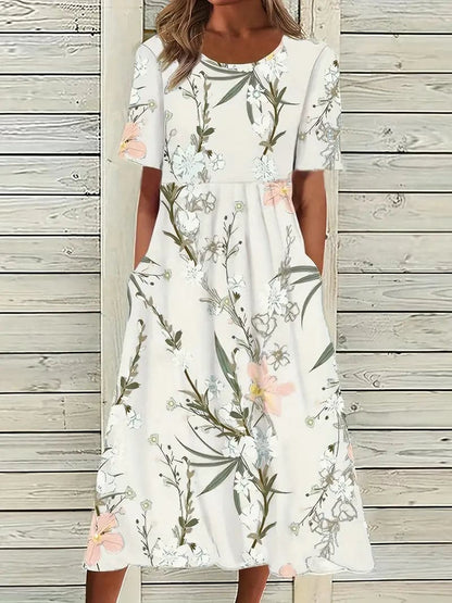 Women's Dress - A-line Midi - Floral Print - Short Sleeves - Round Neck - With Pockets