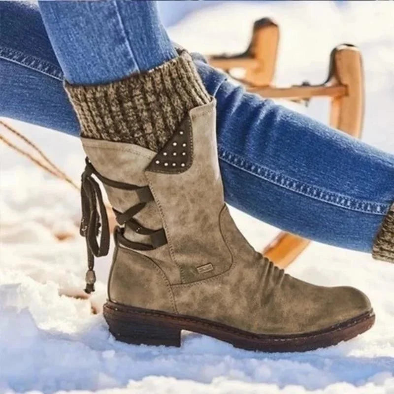 Women's Boots – Standard Fit – Knitted Cuff – Studs – Back Lacing