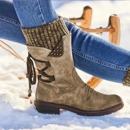 Women's Boots – Standard Fit – Knitted Cuff – Studs – Back Lacing
