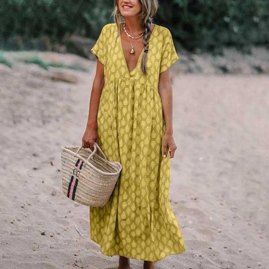 Women's Maxi Dress – V-neck – Loose Fit – Short Sleeves – Light and Airy