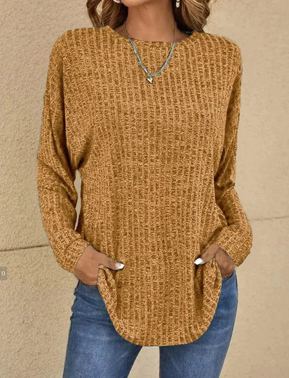 Women's Sweater - Knitted Texture - Long Sleeved - Relaxed Fit - Round Neck
