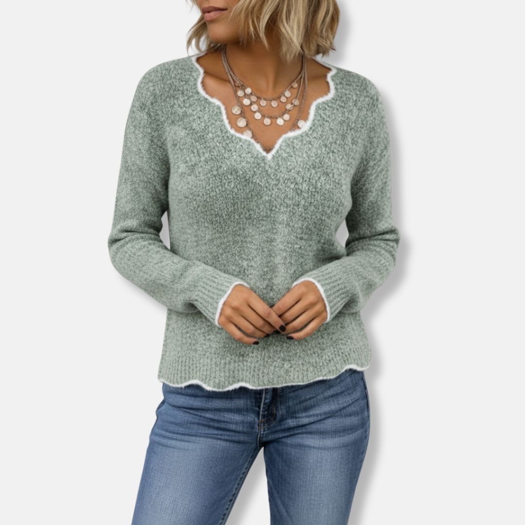 Women's Sweater – Wool Knit – Relaxed Fit – Wavy Neckline – Soft Everyday Style