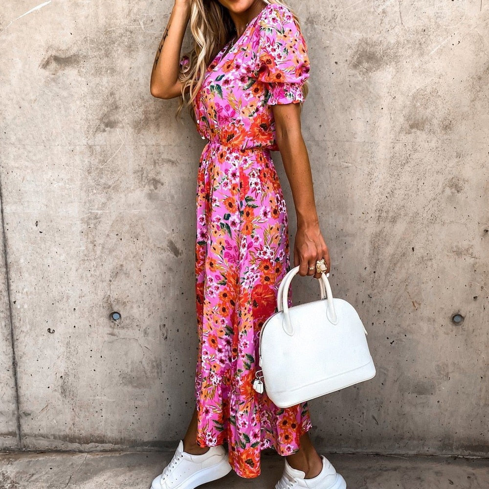 Women's Midi Dress - V-neck - Short Puff Sleeves - Fitted Waist - Floral Print