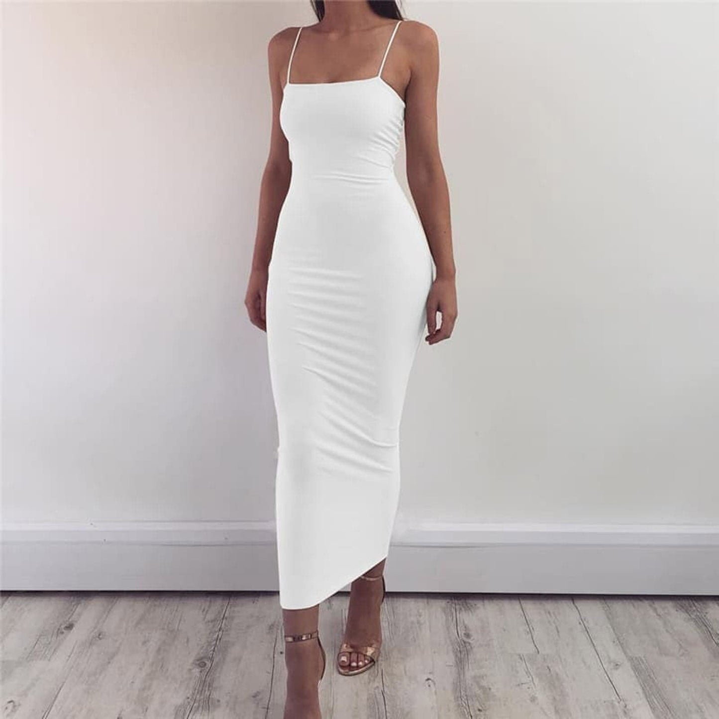 Women's Midi Dress - Tight Bodycon Fit - Square Neckline - Spaghetti Straps