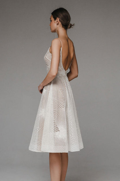 Dress woman – A-line fit – Chiffon with transparent overlay – Geometric pattern – Thin straps