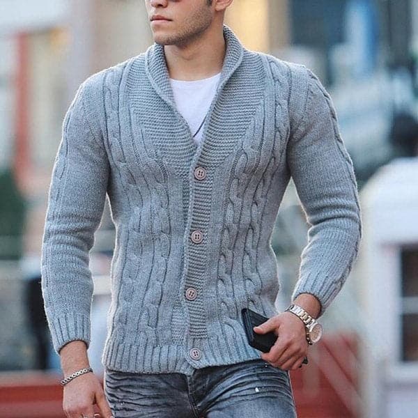 Herre Strikket Cardigan - Kabelstrikk - Ullblanding - Slim Fit - Knappelukking