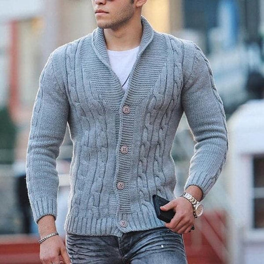 Herre Strikket Cardigan - Kabelstrikk - Ullblanding - Slim Fit - Knappelukking