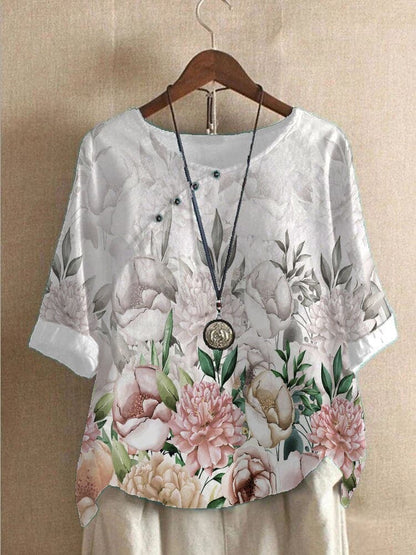 Damebluse – Blomstermønstret – Rund Hals – Halvlange Ermer – Løs Passform – Dekorative Knapper