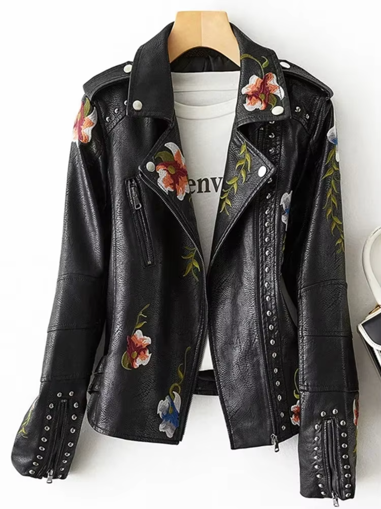 Women's Leather Jacket – Tailored Fit – Embroidered Flowers – Studded Biker Style
