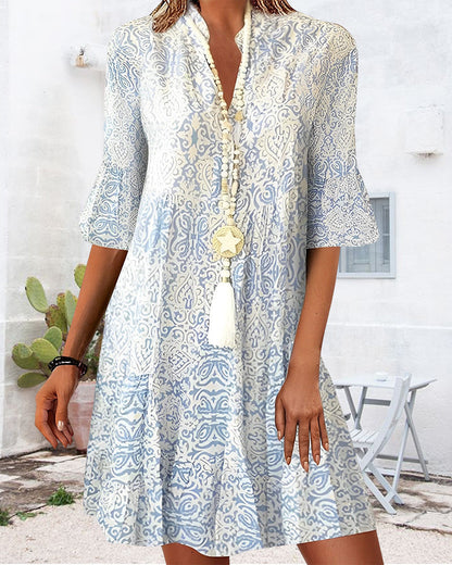 Dress for Women – Mini Length – Relaxed Fit – Half Sleeve – V-Neck – Boho Pattern