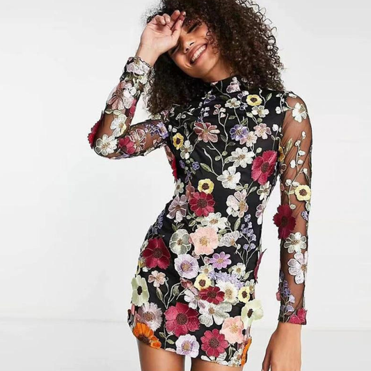 Dress for Women - Tight-fitting Mini Dress - Floral Embroidery - Long Sleeves - High Neck