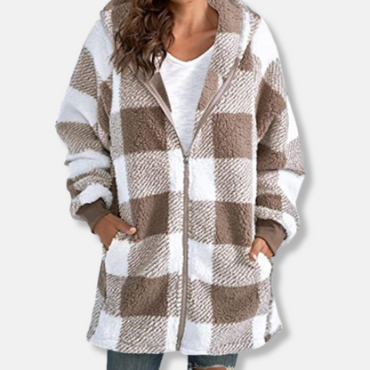 Women's Hoodie – Oversized Fit – Checkered Pattern – Soft Knit – Full Zipper