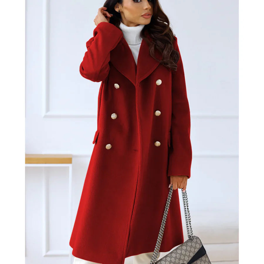Women's Long Coat – Wool Blend – Tailored – Double-Breasted with Wide Lapels
