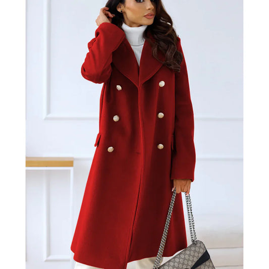 Women's Long Coat – Wool Blend – Tailored – Double-Breasted with Wide Lapels
