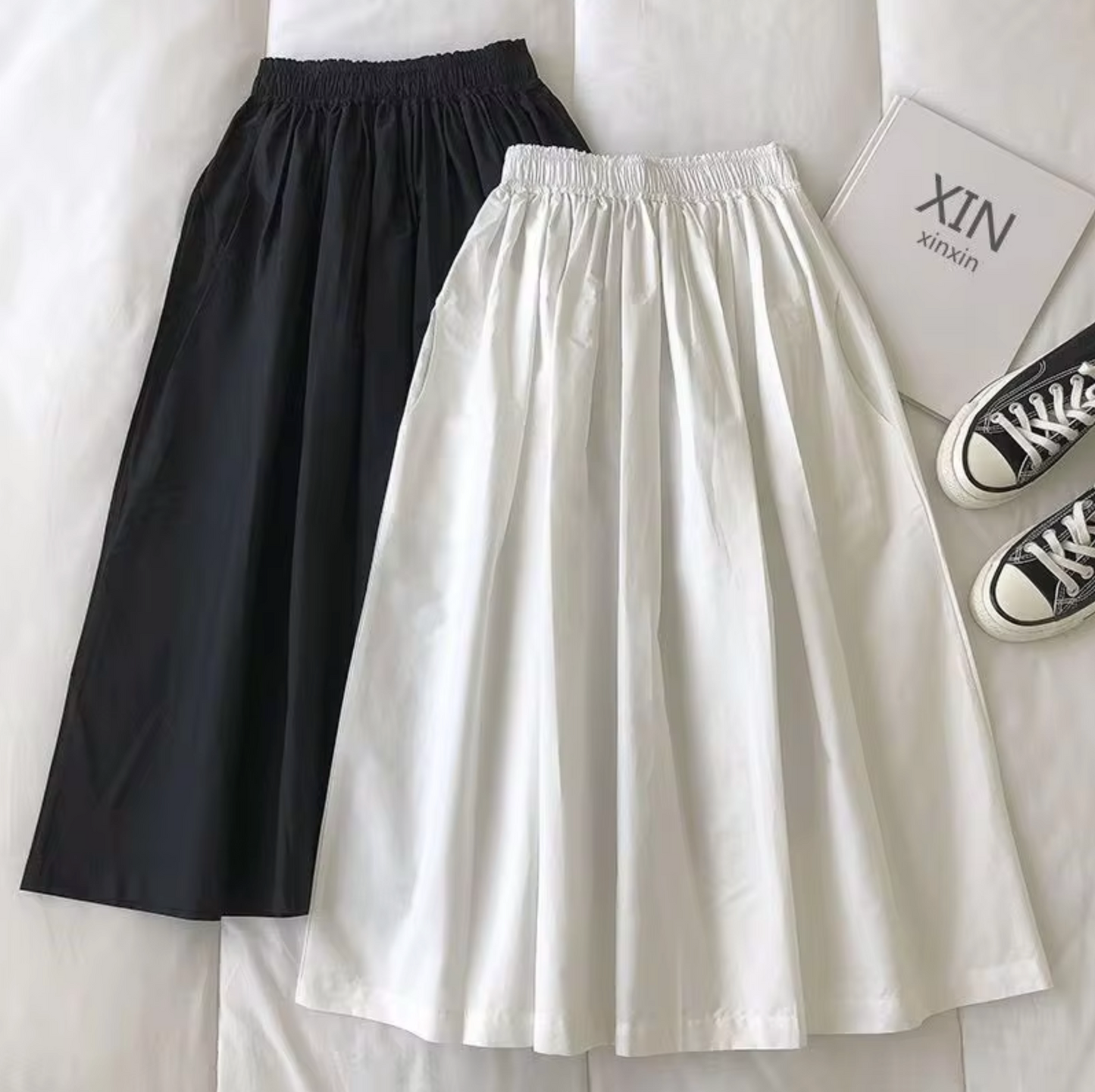 Women's Midi Skirt – High Waist – Loose Fit – Breathable Fabric – Pleated Design