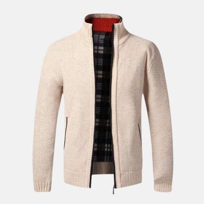 Giacomo High Collar Zip Cardigan | Plaid Lining Cardigan