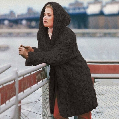 Women's Long Knitted Cardigan - Chunky Cable Knit - Relaxed Fit with Hood