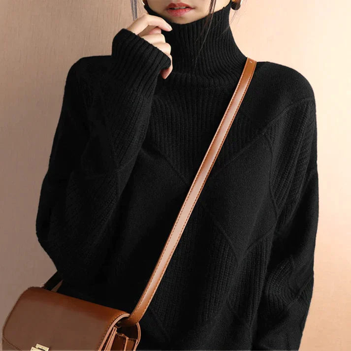 Women's Sweater – Wool Blend – Oversized Fit – High Neck – Ribbed Pattern