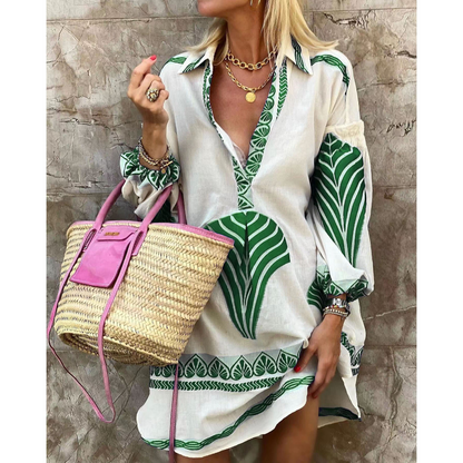 Dress woman – mini length – relaxed fit – V-neck – voluminous sleeves – breathable fabric