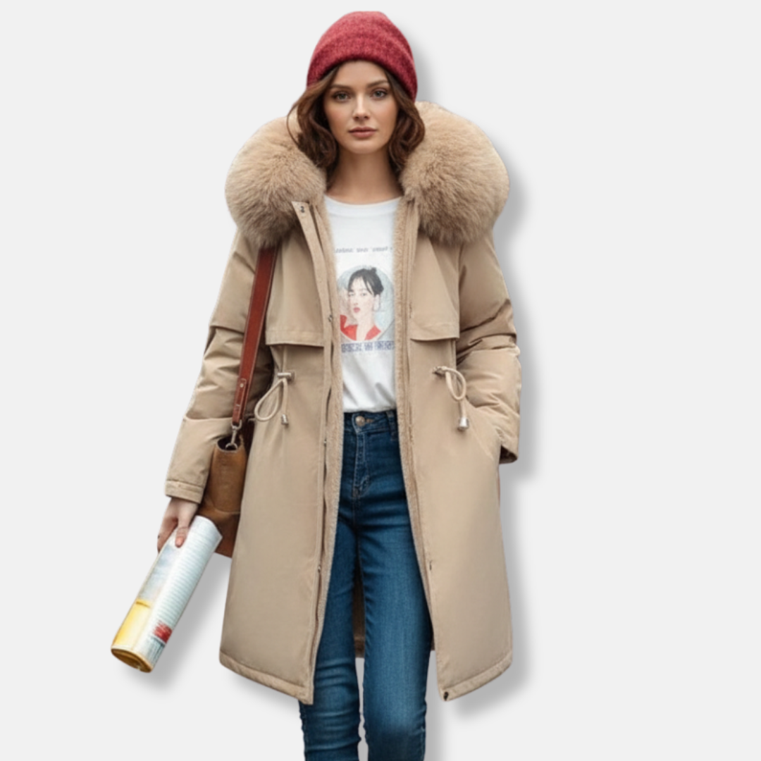 Women’s Winter Coat - Quilted Shell - Hooded - Faux Fur Trim - Knee Length