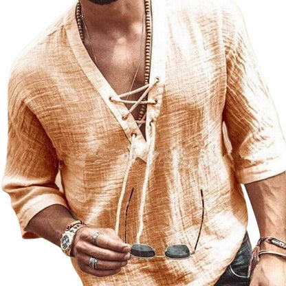Men's Shirt - Light and Breathable - V-neck with Lacing - Comfortable Loose Fit